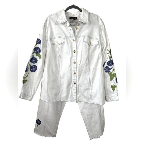 Bob Mackie Wearable Art Morning Glory Embroidered Jeans Jacket Pants Set Size 1X - Picture 1 of 10
